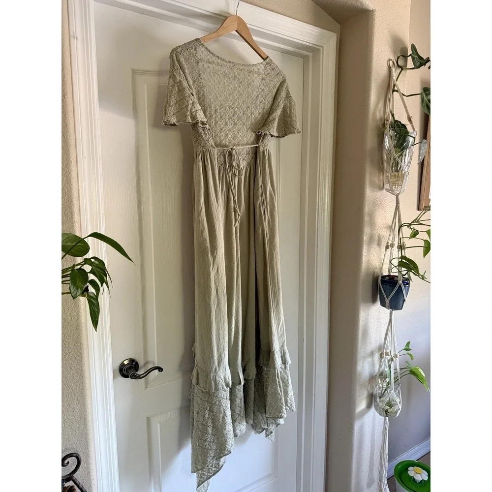 Free People Ethereal Bohemian Bring The Romance Midi Maxi Dress Stone Moss S NWT